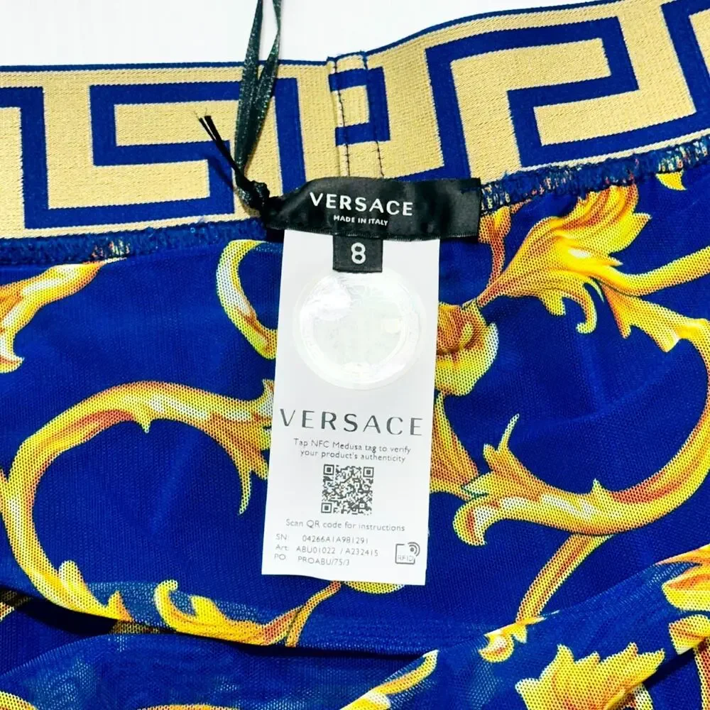 NWT Versace Greca Border Swim Shorts IT 8 US 2XL Blue Medusa Logo Elastic Waist